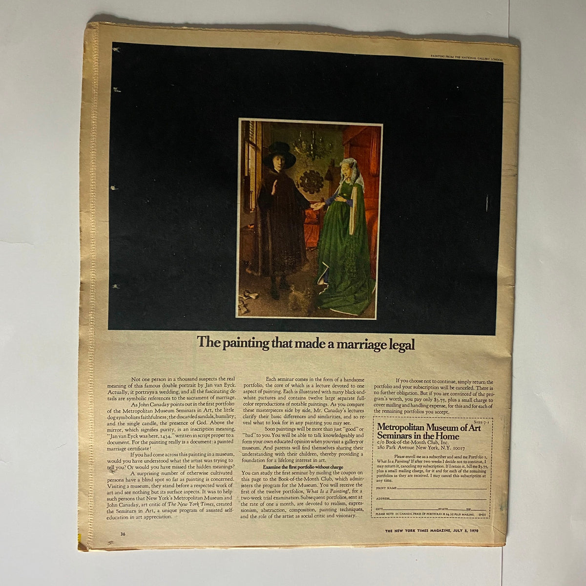 The New York Times Magazine July 5 1970, showcasing an article about a famous double portrait by Jan van Eyck, titled 'The painting that made a marriage legal'.