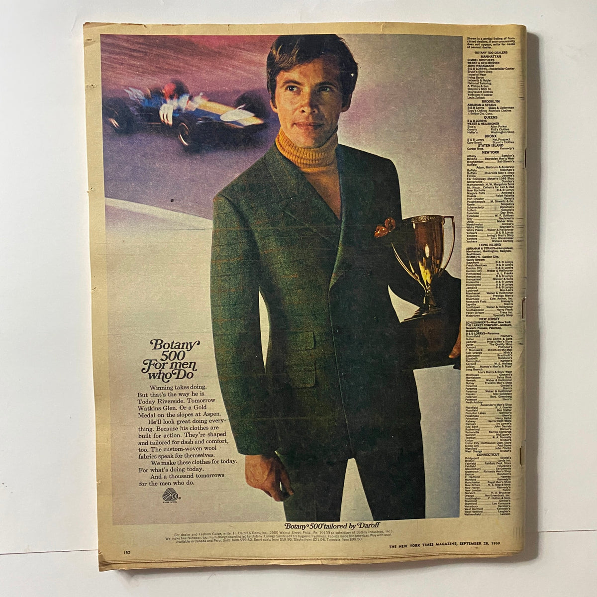 Inside page of The New York Times Magazine, September 28, 1969, showcasing an advertisement for 'Botany' 500 for men, accompanied by an image of a well-dressed man holding a trophy, reflecting the fashion trends of the era.