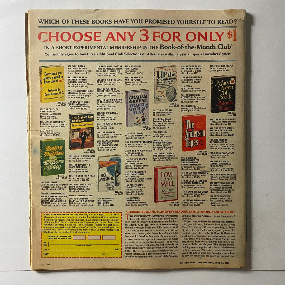 Back cover of The New York Times Magazine dated June 14, 1970, featuring an advertisement for the Book-of-the-Month Club with various book selections and prices.