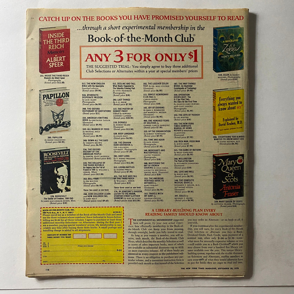 Inside page of The New York Times Magazine, September 20, 1970, showcasing an advertisement for a Book-of-the-Month Club subscription, reflecting the era's reading trends.