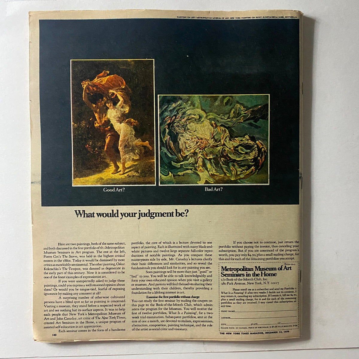 The New York Times Magazine December 13 1970 back cover displaying an art critique titled 'What would your judgment be?' with images of contrasting art styles.