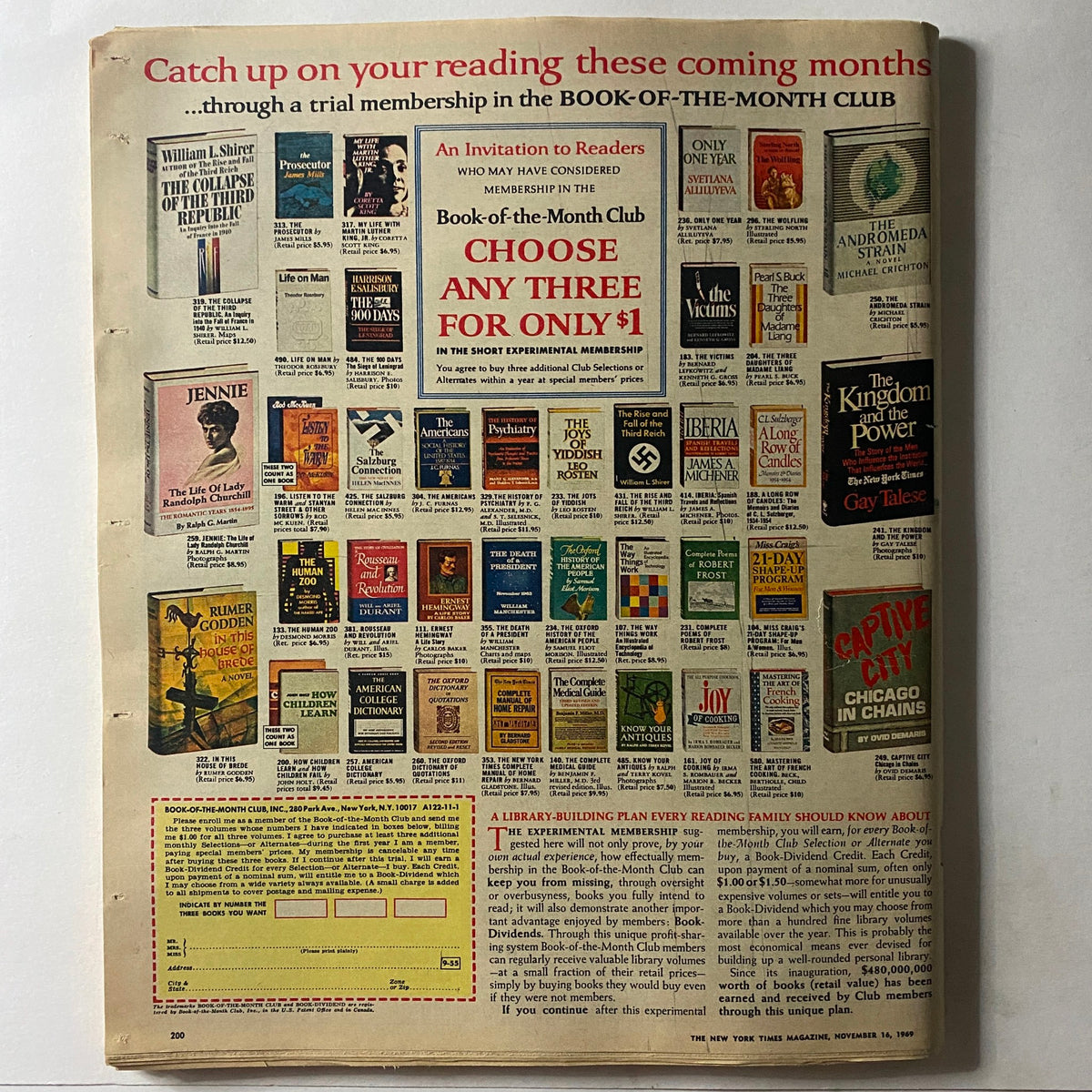 The New York Times Magazine November 16 1969 advertisement page featuring the Book-of-the-Month Club, highlighting various book titles available for members.