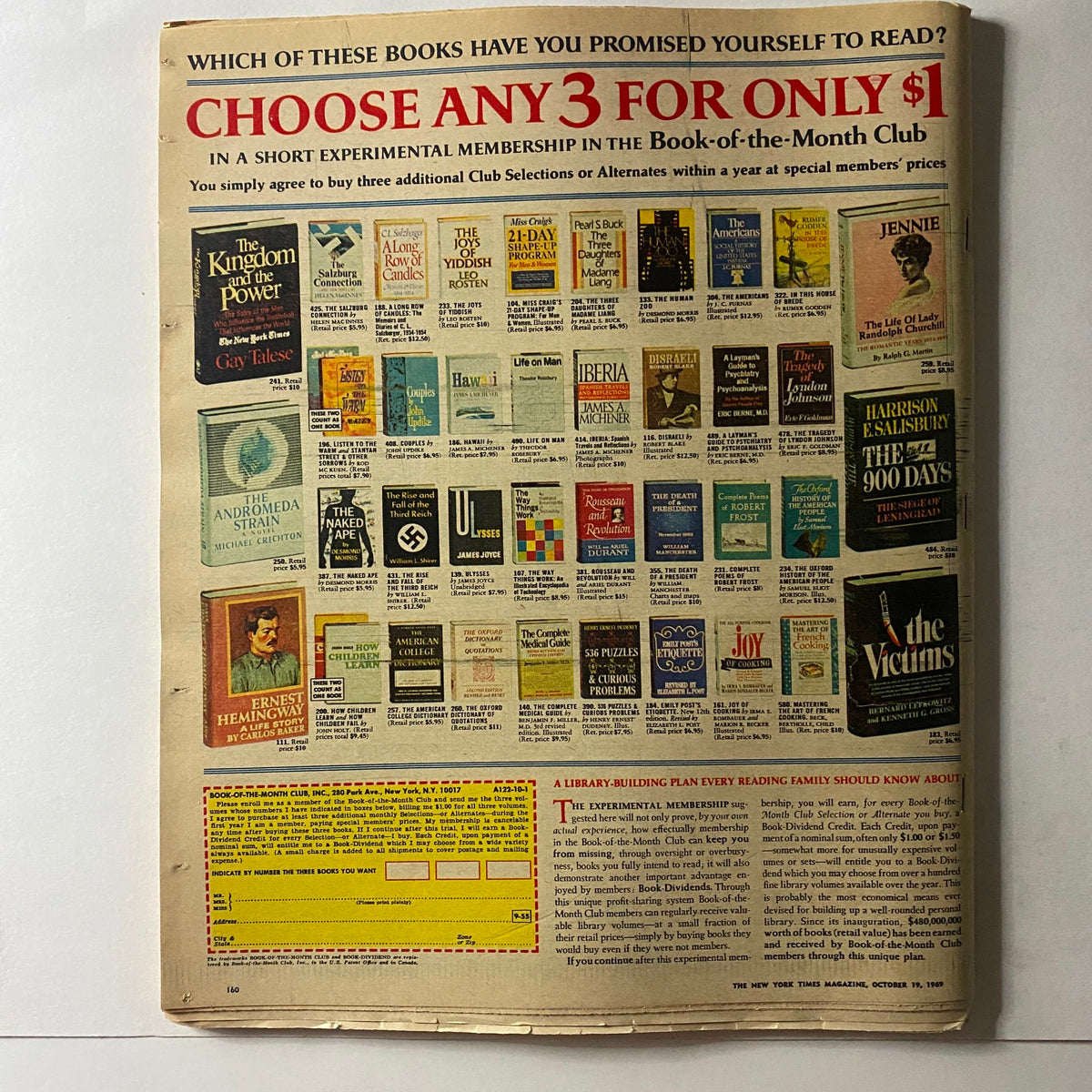The New York Times Magazine October 19 1969 back cover featuring an advertisement for the Book-of-the-Month Club with book titles and a promotional offer.