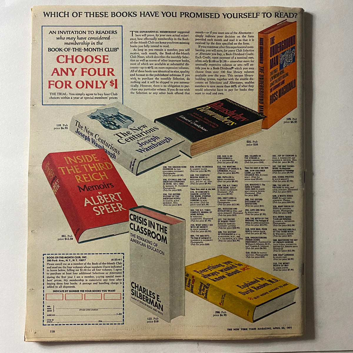 The New York Times Magazine April 25, 1971, back cover displaying a Book-of-the-Month Club advertisement with multiple book titles and prices.