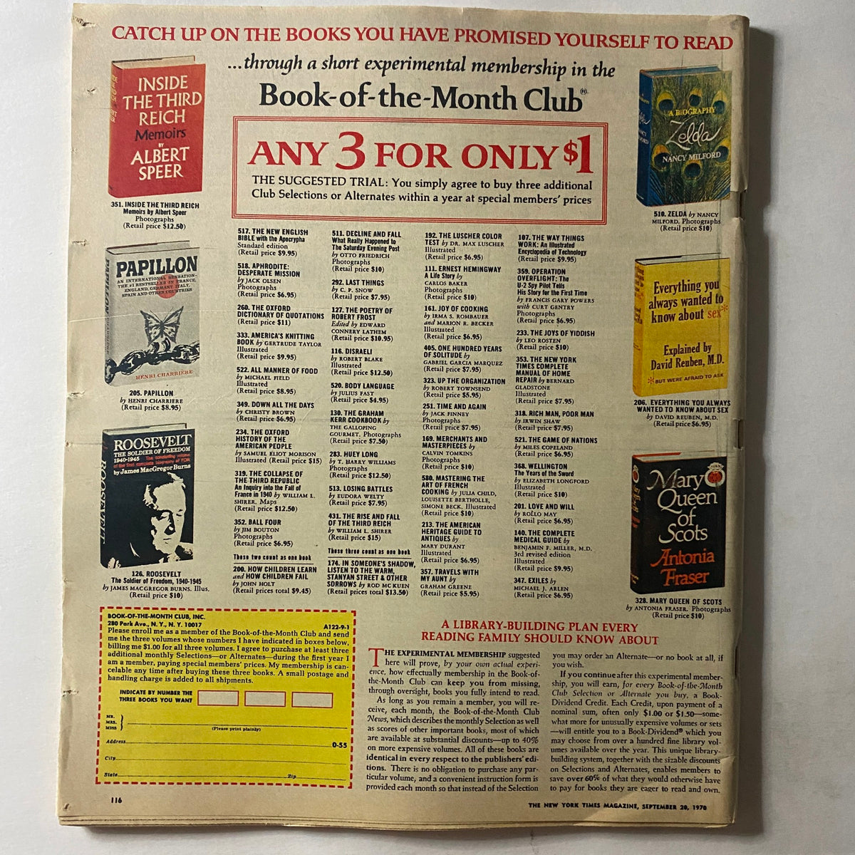 Back cover of The New York Times Magazine September 20, 1970, showcasing advertisements including the Book-of-the-Month Club offerings and various book titles.