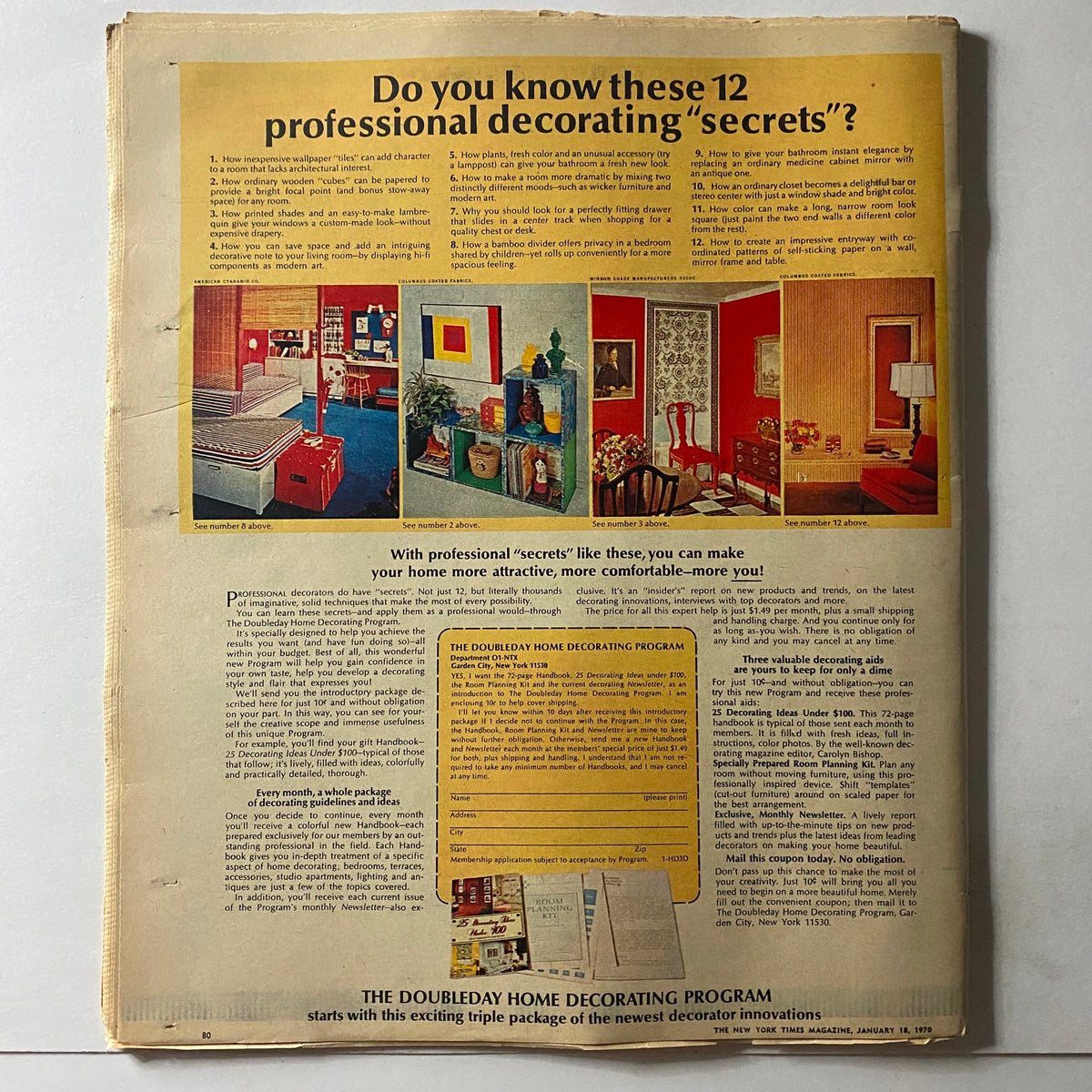 The New York Times Magazine January 18 1970 back cover showcasing home decorating tips with visual examples, emphasizing the magazine's blend of politics and lifestyle content.