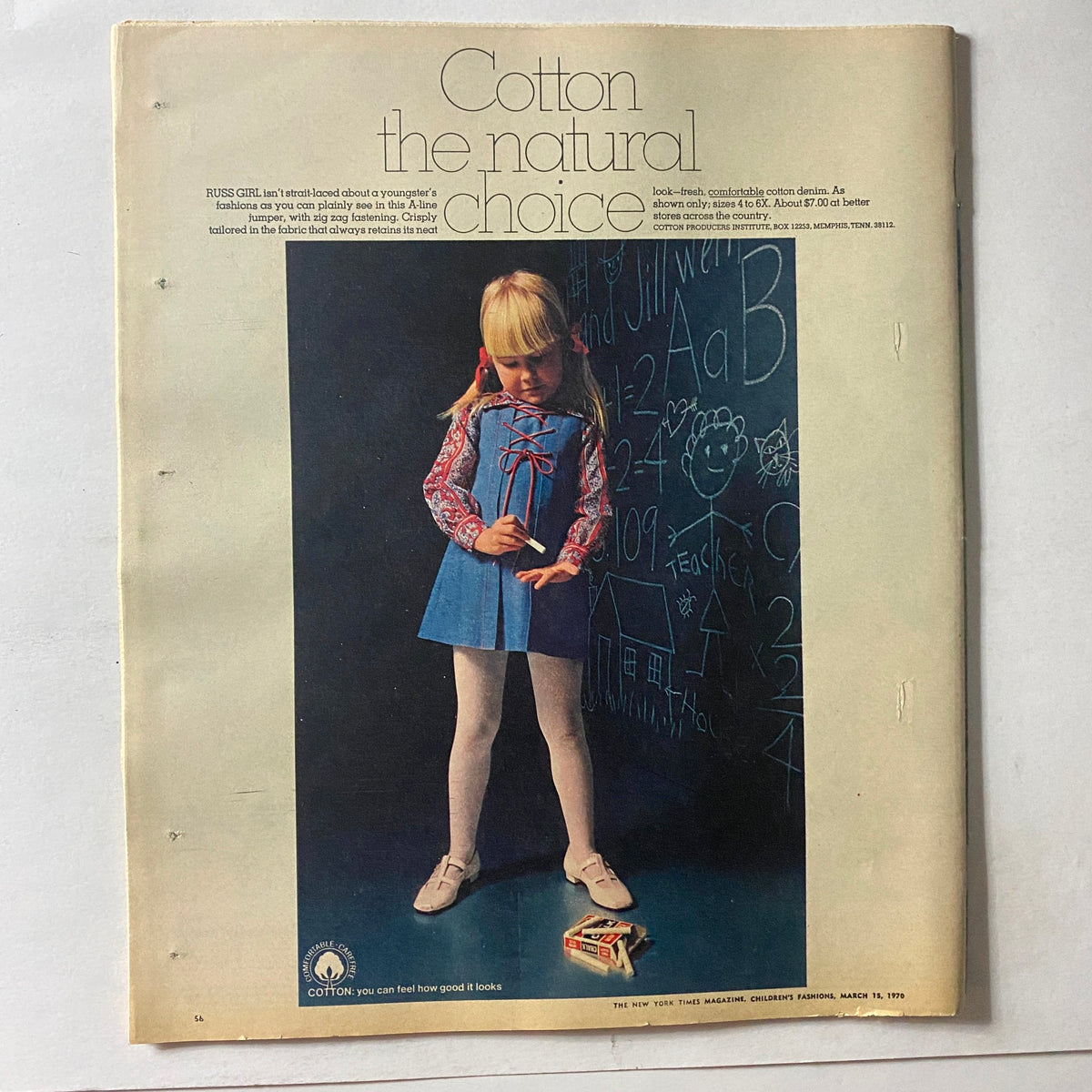 Cover of The New York Times Magazine March 15 1970 featuring Children's Fashion Part 2. The image showcases a young girl in a blue dress with a red ribbon, standing beside a chalkboard, emphasizing vintage children's fashion trends from that era.
