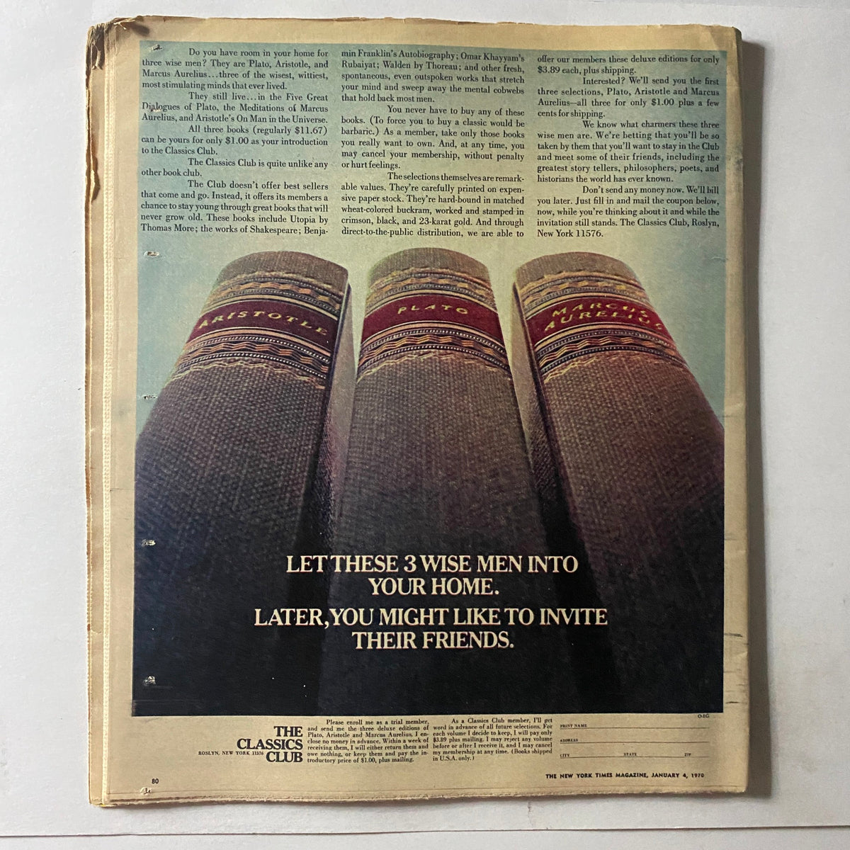 Back cover of The New York Times Magazine January 4 1970 showcasing an advertisement for The Classics Club, featuring classic books with the text 'Let these 3 wise men into your home'.