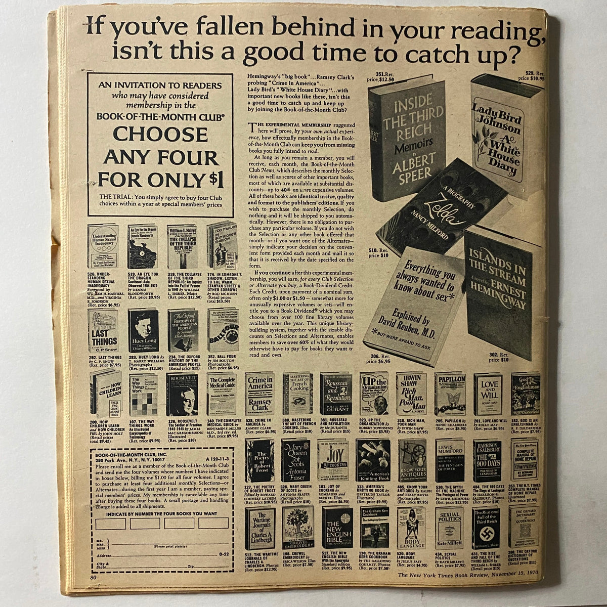 Back cover of The New York Times Book Review from November 15, 1970, displaying advertisements and offers for book subscriptions.
