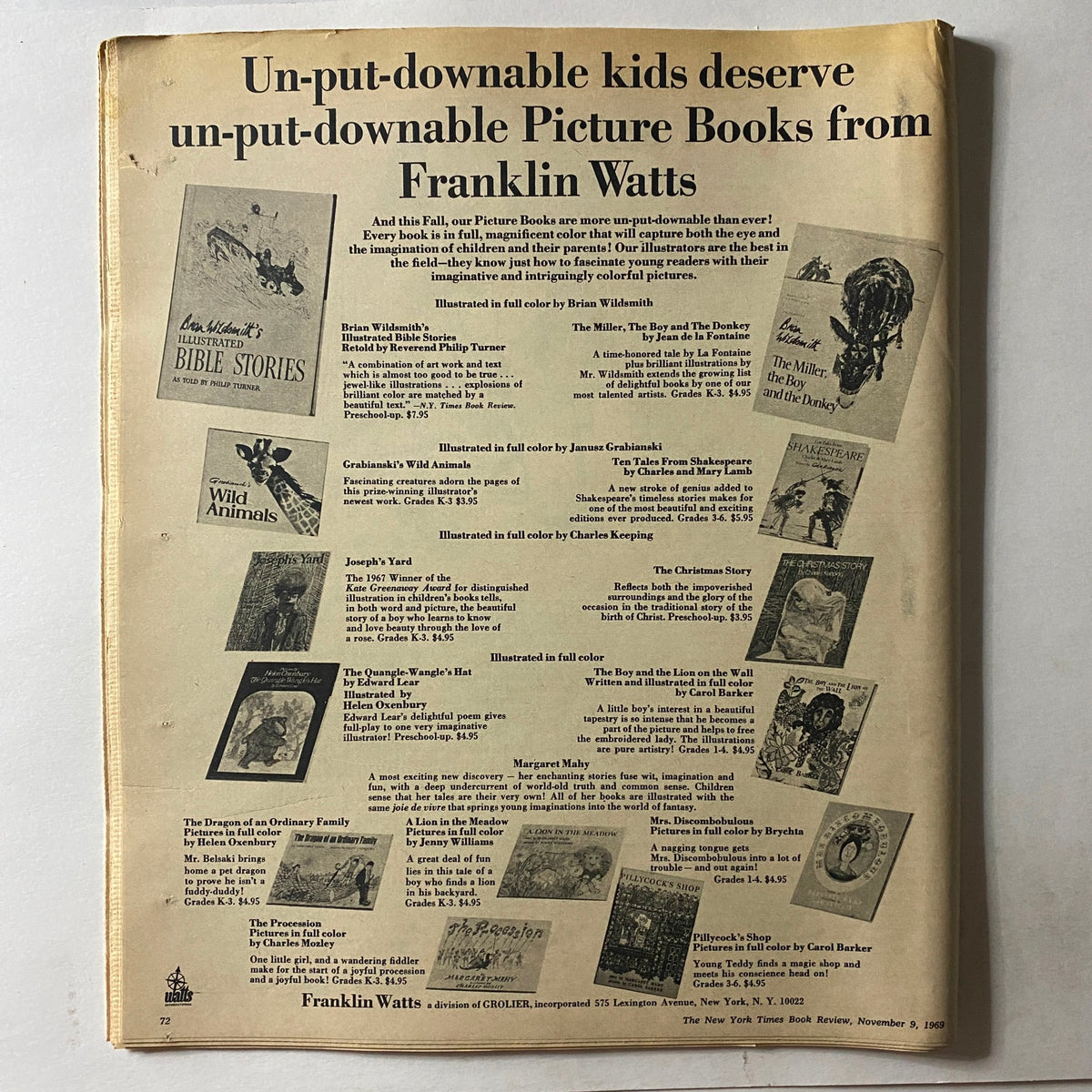 The New York Times Book Review November 9 1969 Children's Book edition back cover advertising un-put-downable picture books from Franklin Watts, featuring illustrations and titles aimed at engaging young readers.