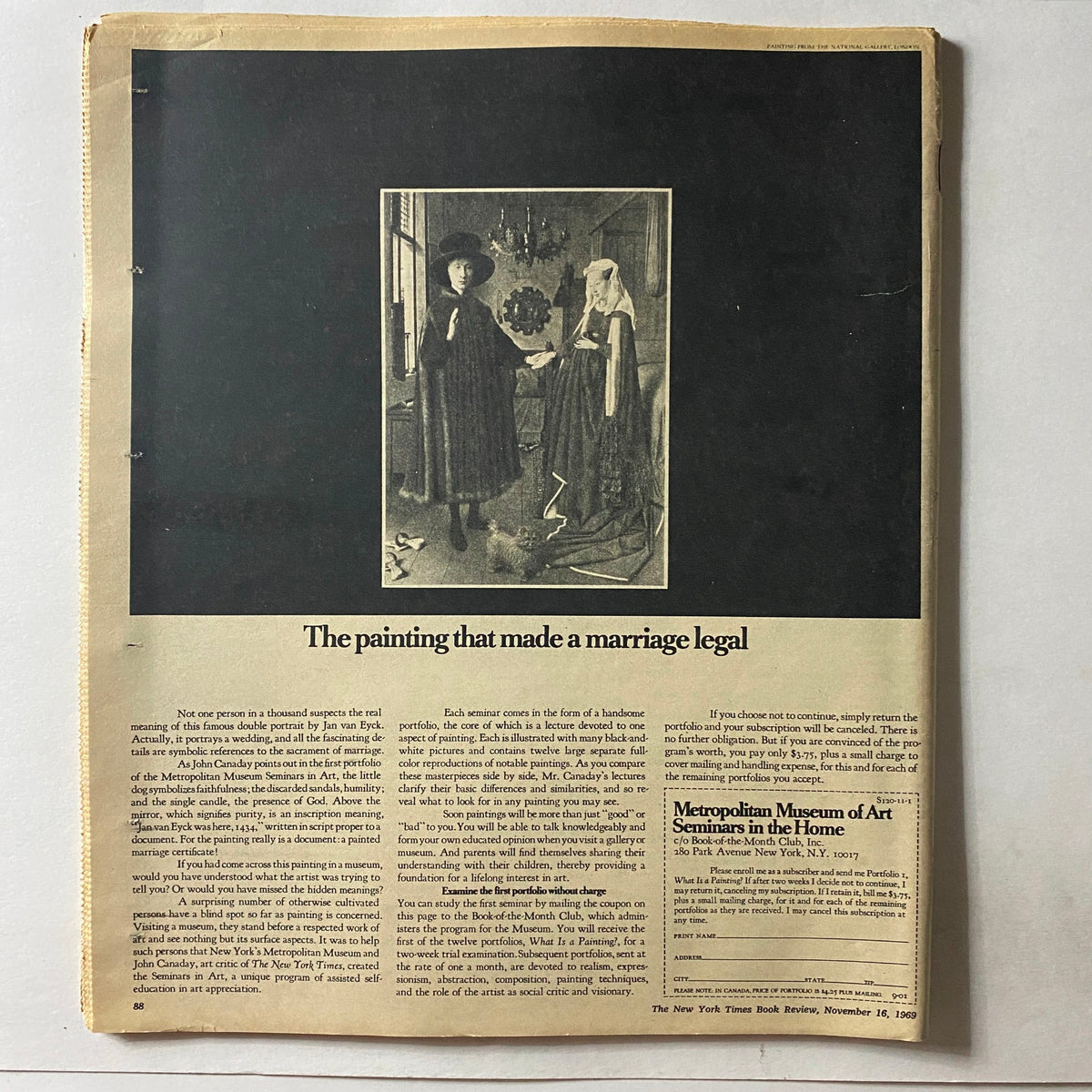 The New York Times Book Review November 16, 1969, showcasing an article about a painting that made a marriage legal, with an image of the artwork and details about Metropolitan Museum of Art seminars in the home.