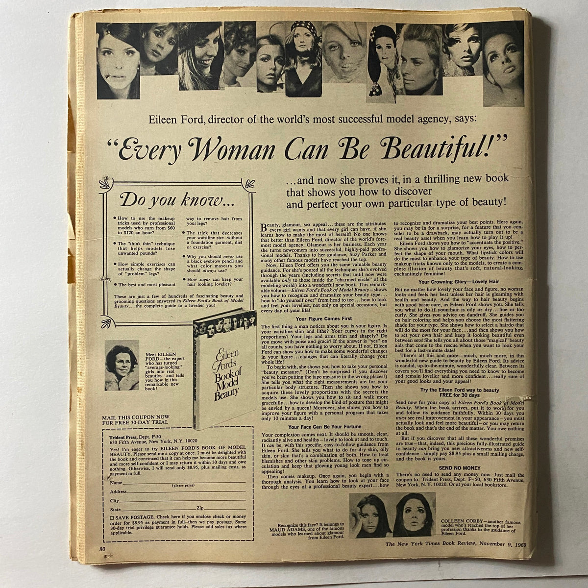 Back cover of The New York Times Book Review, November 9, 1969, showcasing an advertisement for Eileen Ford's Book of Model Beauty with portraits of famous models and beauty tips.