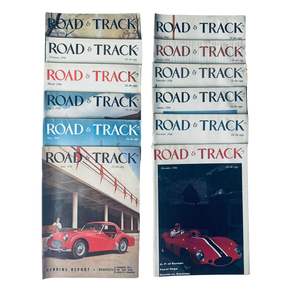 Lot of 12 Road & Track Magazine Full Year January - December 1956, featuring covers from various months including classic cars and automotive art.