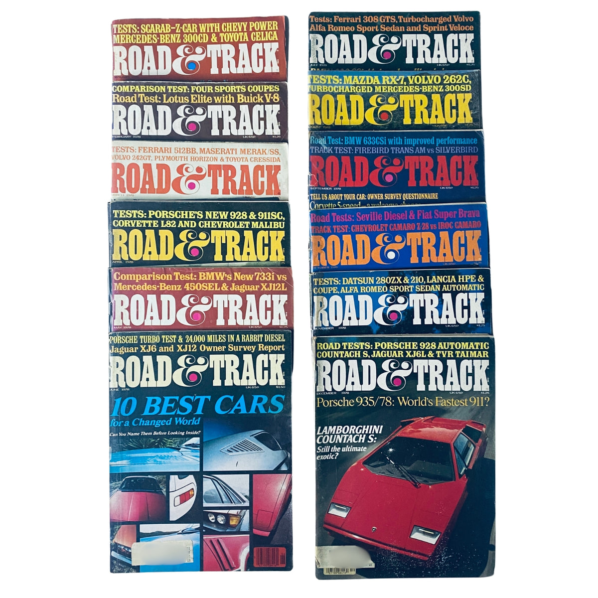 Lot of 12 Road & Track Magazines 1978 Car Auto Racing Full Year January-December featuring issues from various months, showcasing car tests and motorsport coverage.