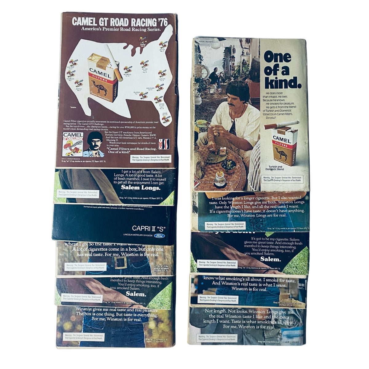 Back covers of Road & Track magazine issues from 1976 showing advertisements and promotions related to automotive culture.