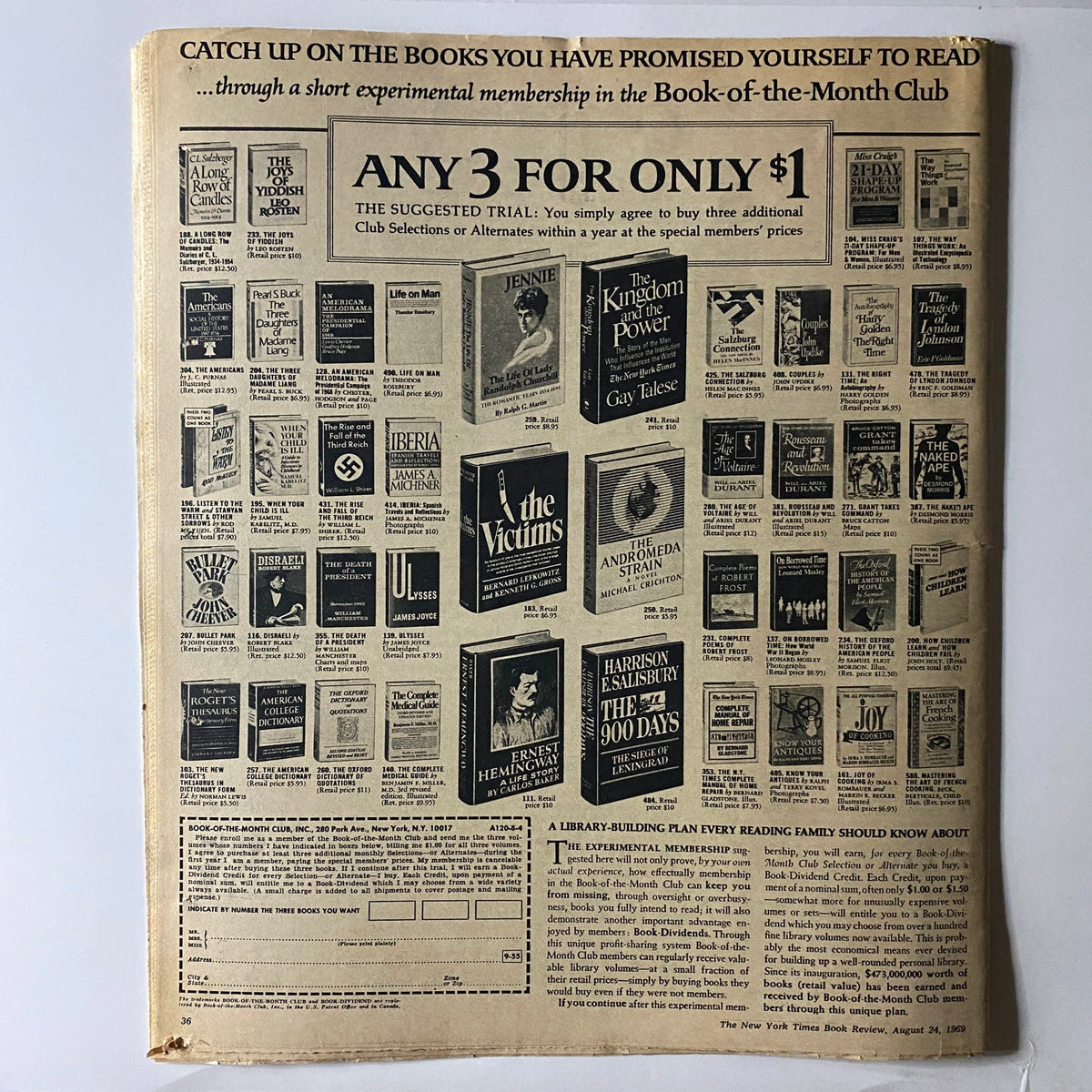 The New York Times Book Review August 24 1969 advertisement page showcasing Book-of-the-Month Club selections.
