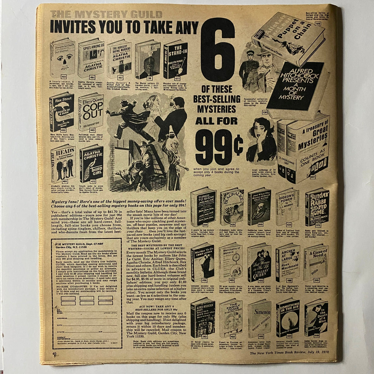 Back cover of The New York Times Book Review from July 19, 1970, showcasing an advertisement for The Mystery Guild offering best-selling mysteries for 99 cents.