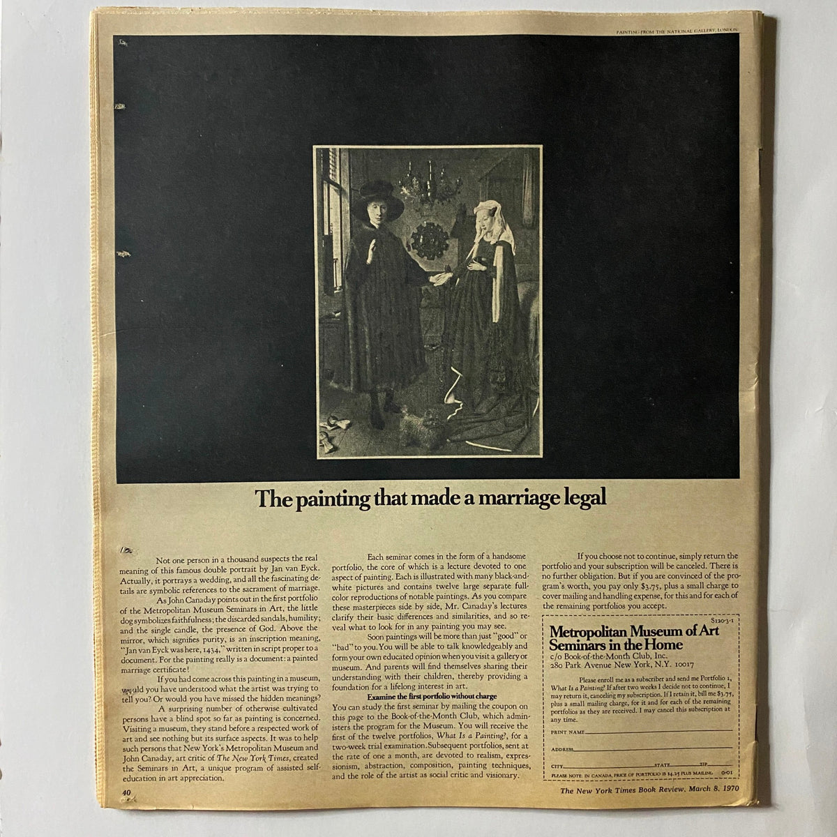 The New York Times Book Review March 8 1970 featuring an article titled 'The painting that made a marriage legal,' showcasing a historical painting in a detailed layout with accompanying text about art and education.