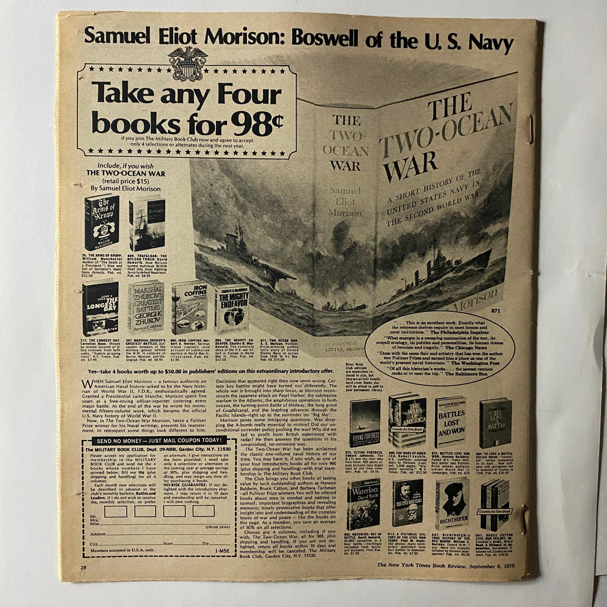 The New York Times Book Review September 6 1970, featuring an advertisement for the Military Book Club and a review of Samuel Eliot Morison's 'The Two-Ocean War'. This vintage magazine page highlights book offers and historical insights.