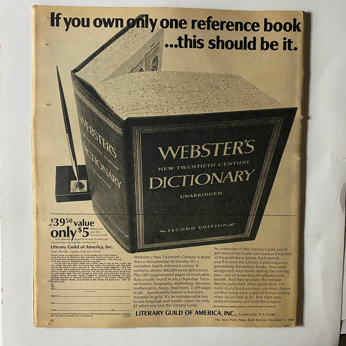 Advertisement for Webster's New Twentieth Century Dictionary in The New York Times Book Review November 2 1969, highlighting its value as a comprehensive reference book.