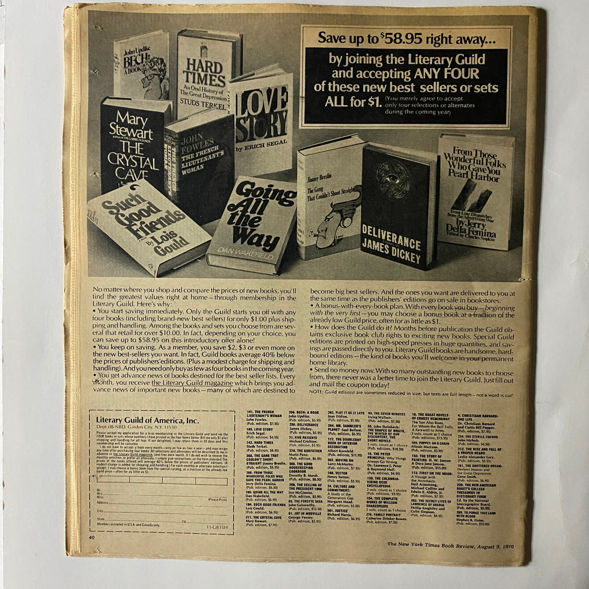 The New York Times Book Review August 9 1970 advertisement showcasing best sellers available through the Literary Guild, along with an offer to join for exclusive book deals.