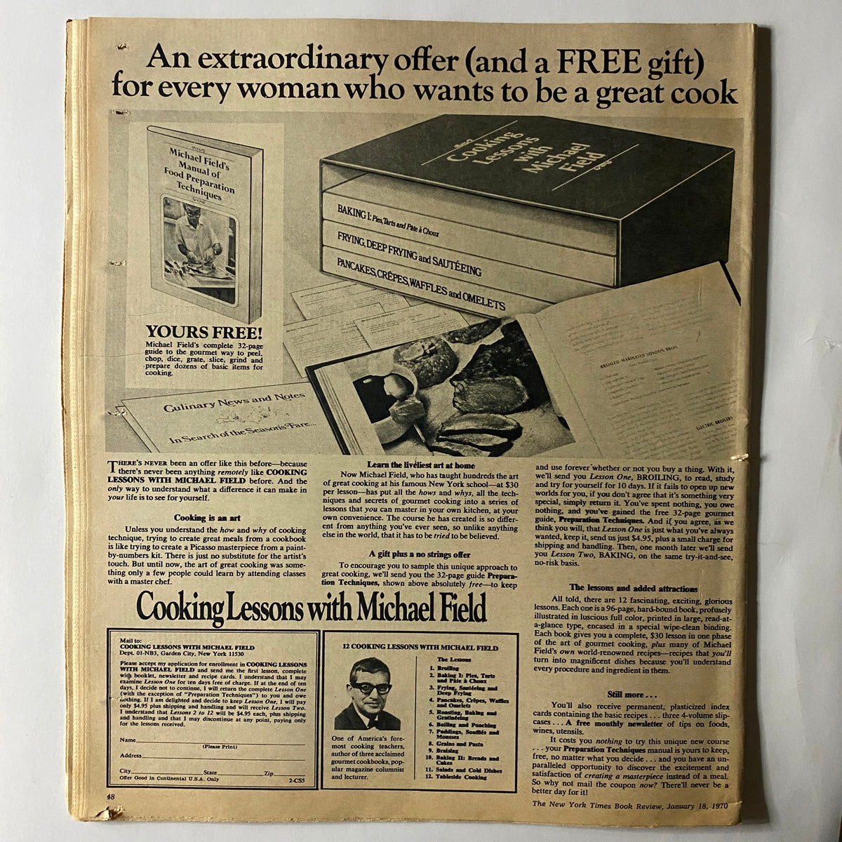 The New York Times Book Review January 18 1970 with a promotion for 'Cooking Lessons with Michael Field', highlighting offers and cooking techniques alongside related imagery.