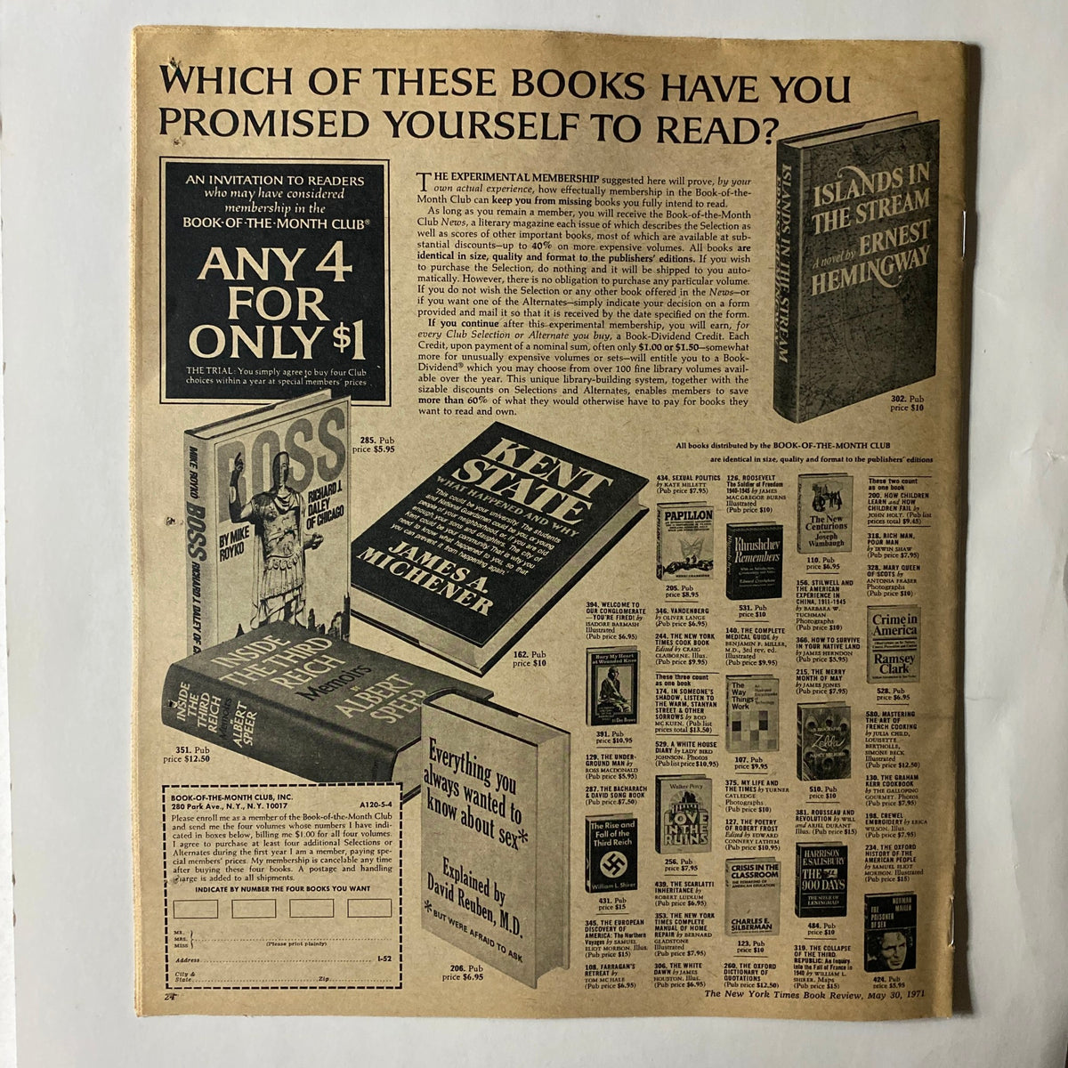 The New York Times Book Review May 30 1971 showcasing advertisements and book recommendations, including 'Islands in the Stream' by Ernest Hemingway.