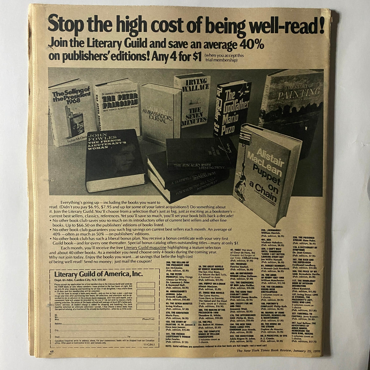 Advertisement from The New York Times Book Review promoting the Literary Guild of America, encouraging readers to save on publishers' editions. This page is part of the January 25, 1970 issue.