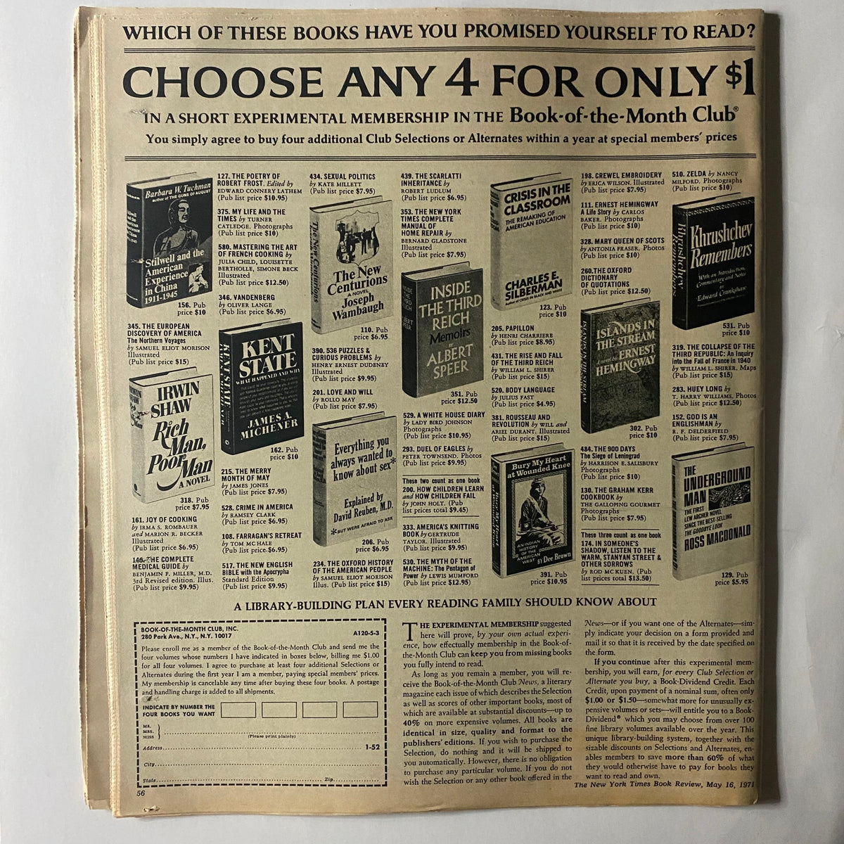 The New York Times Book Review May 16 1971 advertisement for Book-of-the-Month Club featuring various book titles available for selection.