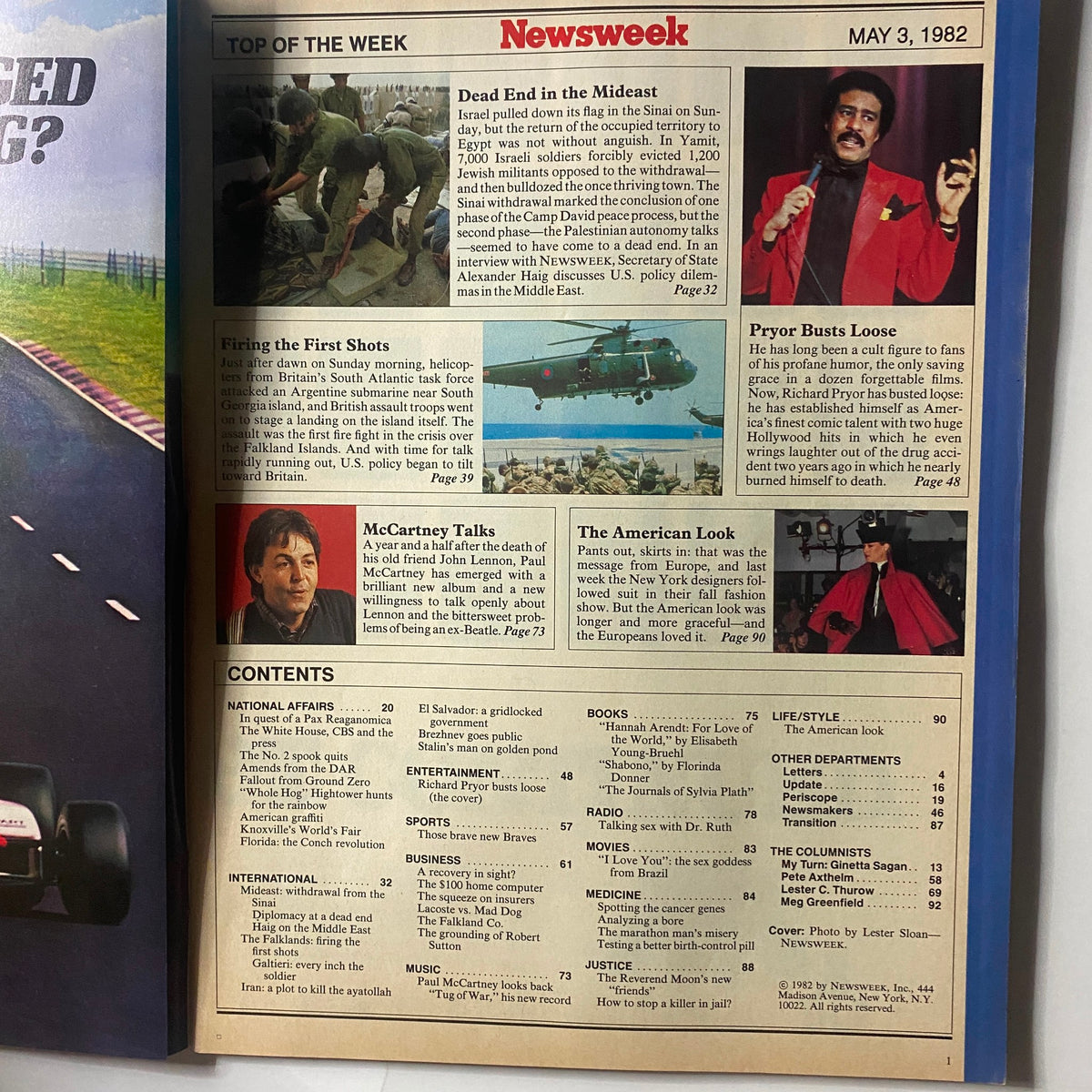 Inside page from VTG Newsweek Magazine May 3, 1982 highlighting Richard Pryor's feature article titled Pryor Busts Loose, alongside news content and tables of contents.