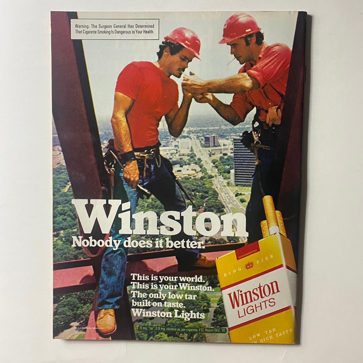 Vintage Winston cigarette advertisement featuring workers in hard hats on a construction site, promoting Winston Lights cigarettes with the tagline 'Nobody does it better', captures American culture in the 1980s. VTG Newsweek Magazine May 3 1982 Richard Pryor Busts Loose.