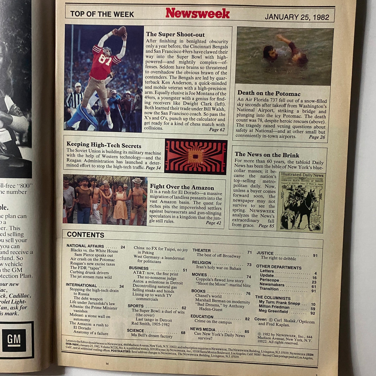 Inside page of VTG Newsweek Magazine January 25 1982, showcasing contents and articles including sports features and current events of the time.