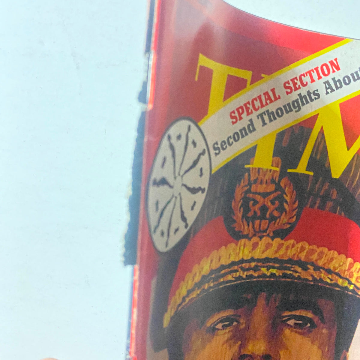 Detail of the spine of VTG Time Magazine April 2 1973 showcasing the text 'Special Section: Second Thoughts About Man' with Libya's Muammar Gaddafi on the cover.