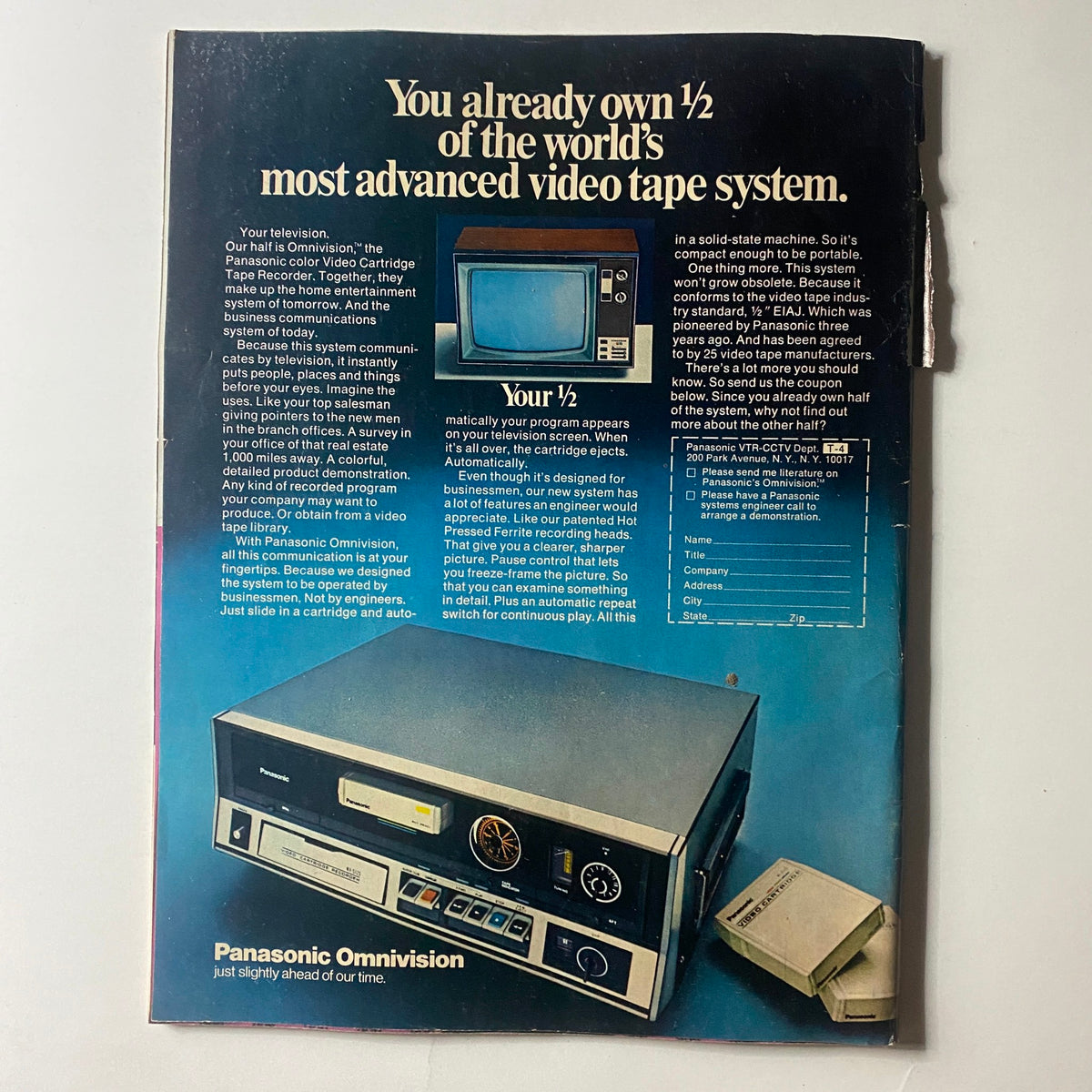 Back cover of VTG Time Magazine April 2 1973 featuring an advertisement for the Panasonic Omnivision video tape system.