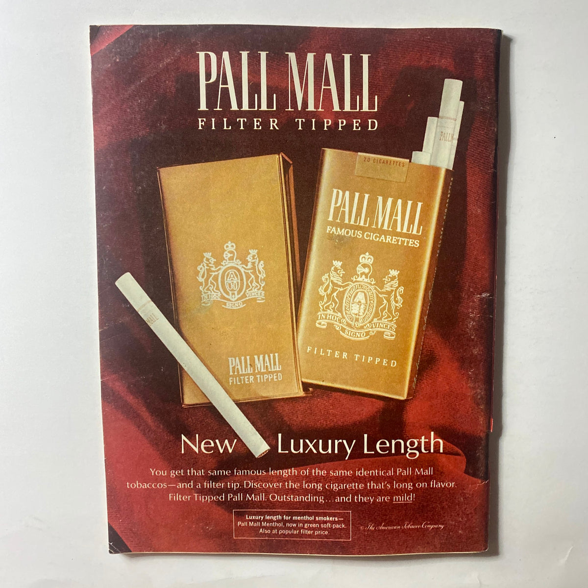 Pall Mall Filter Tipped advertisement highlighting luxury cigarette offerings, emphasizing the brand's commitment to quality and flavor.