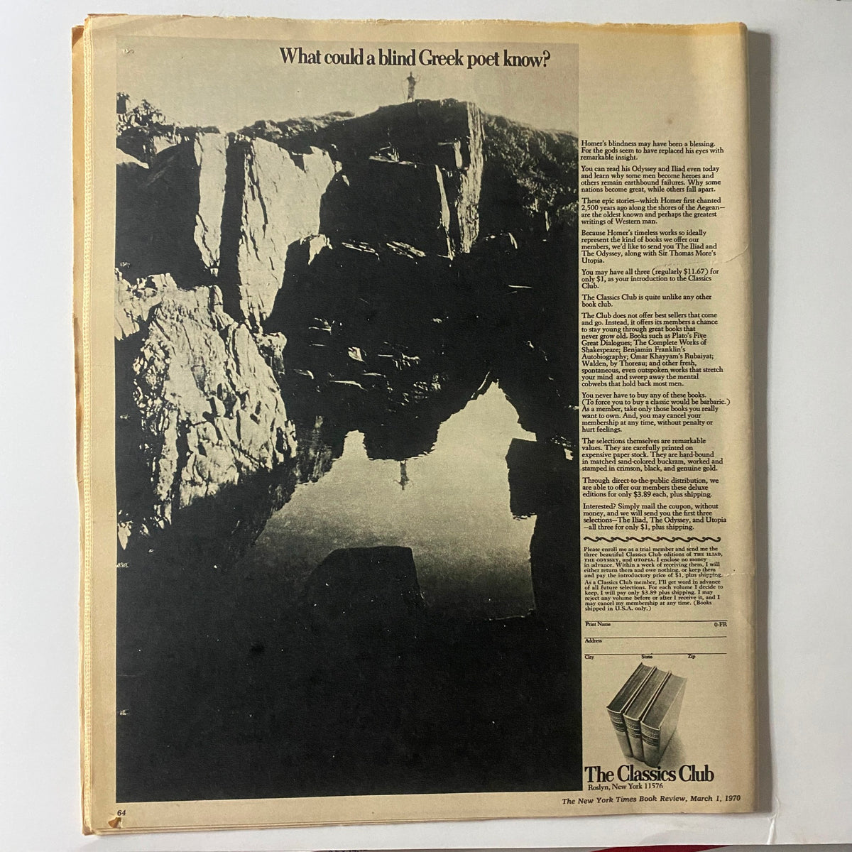 Back cover of The New York Times Book Review, March 1, 1970, featuring an artistic black and white photograph with text questioning the knowledge of a blind Greek poet.