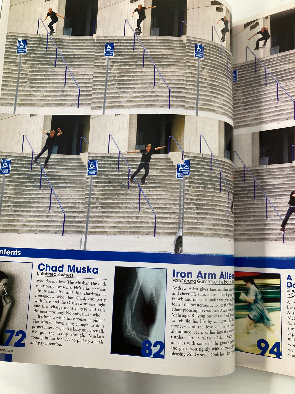 Interior page of Skateboarder Magazine September 2007 showcasing skateboard tricks by Chad Muska and Iron Arm Allen.