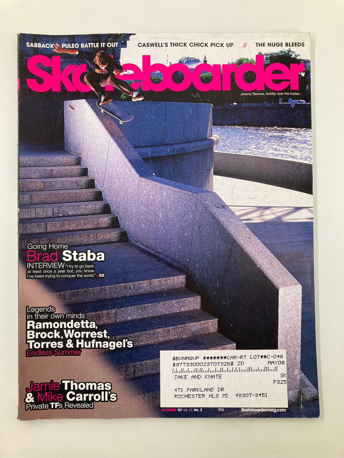 Skateboarder Magazine October 2007 featuring Jeremy Reeves performing a kickflip over a hubba on the cover, showcasing vibrant skate culture and dynamic photography.