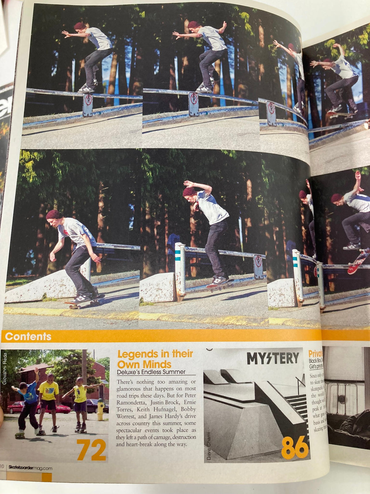 Inside page of Skateboarder Magazine October 2007, displaying various skateboard tricks with the contents section featuring articles on skateboarding legends.