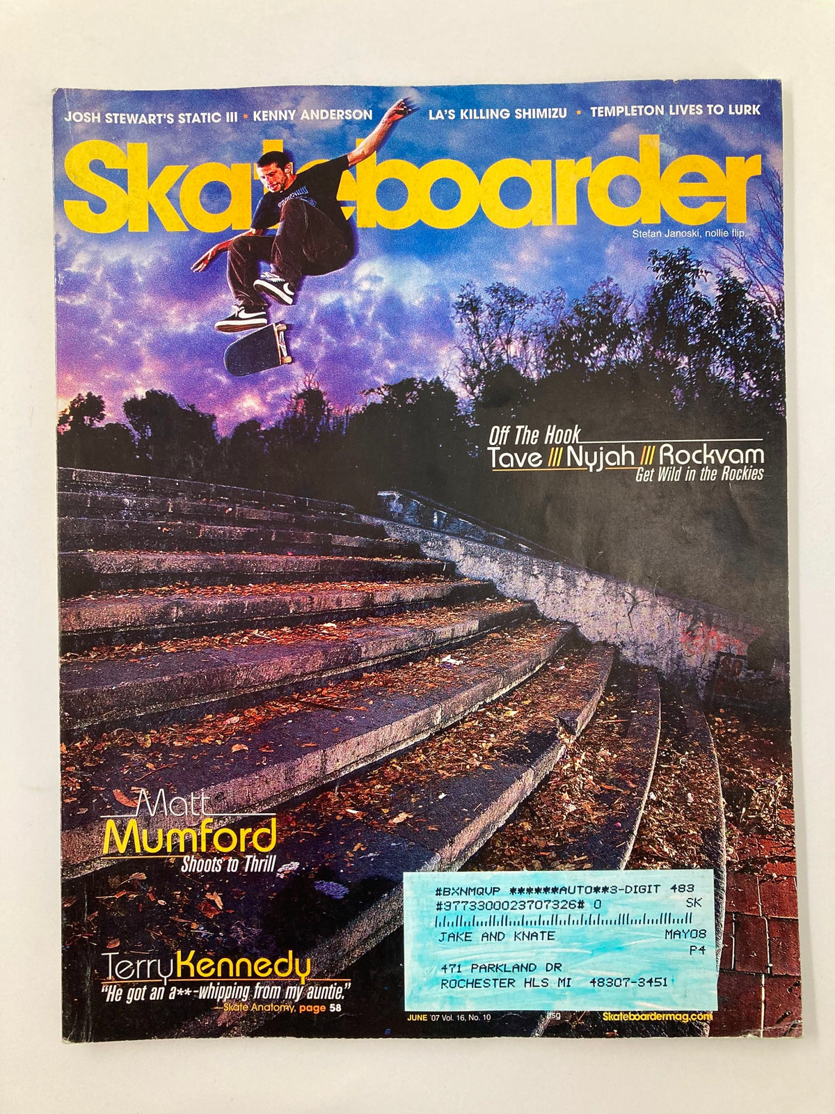 Cover of Skateboarder Magazine June 2007 Vol 16 #10 featuring Stefan Janoski performing a Nollie Flip. The vibrant image showcases skateboarding culture with a dramatic sky background.