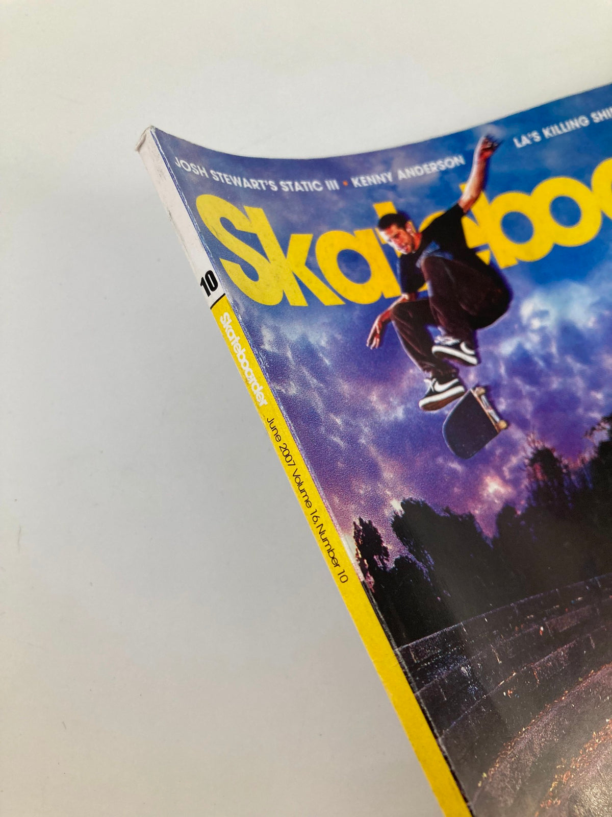 Side view of Skateboarder Magazine June 2007 Vol 16 #10. This shot highlights the magazine’s spine and cover details of Stefan Janoski's Nollie Flip.