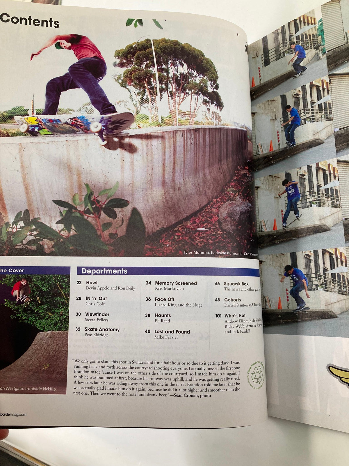 Interior page of Skateboarder Magazine July 2009 Vol 18 #11 showcasing the table of contents along with skateboarding action shots, including a skater performing tricks.
