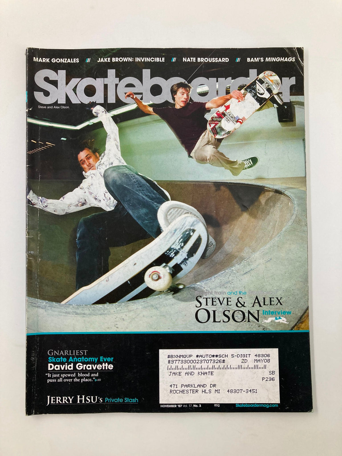 Cover of Skateboarder Magazine November 2007 Vol 17 #3 featuring an exclusive interview with Steve and Alex Olson. The cover showcases vibrant skateboarding action.