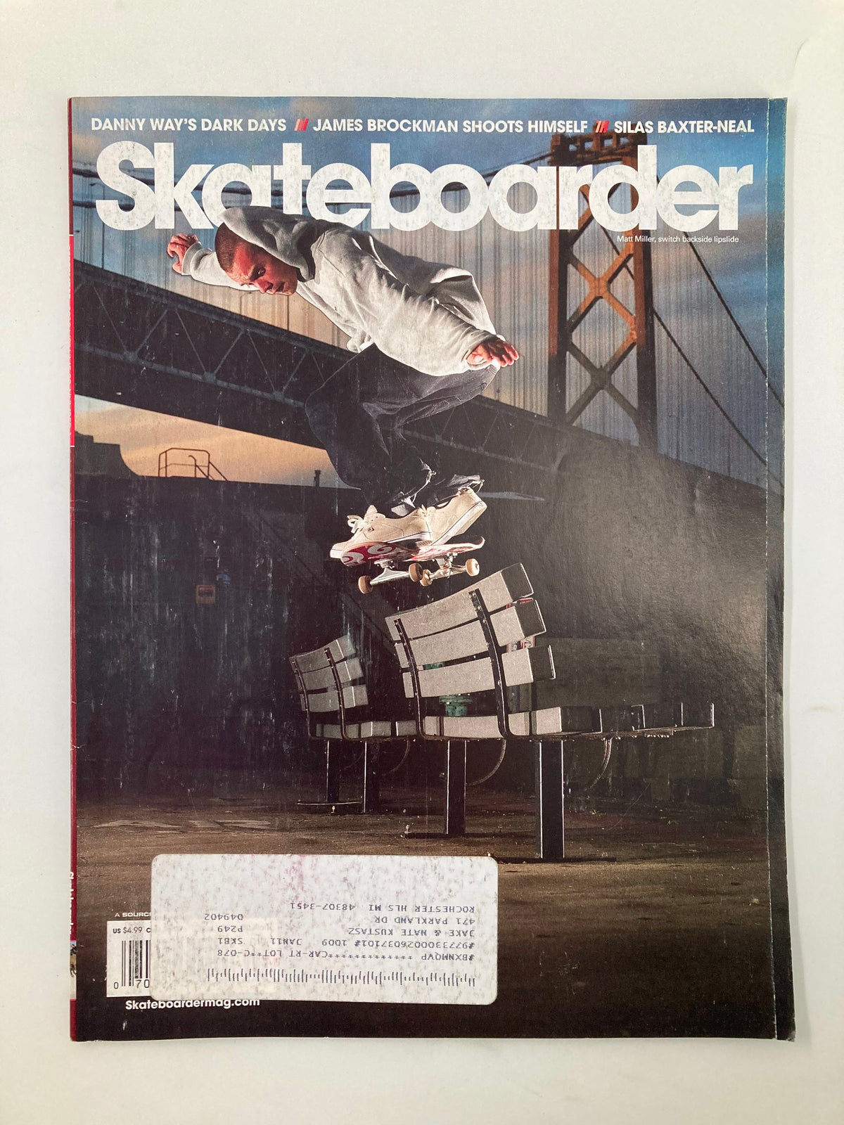 Cover of Skateboarder Magazine September 2010 featuring Matt Miller performing a Switch Backslide Lipslide, showcasing skate culture and extreme sports photography.