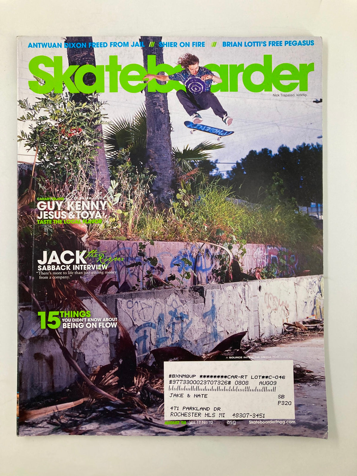 Cover of Skateboarder Magazine August 2008 Vol 17 #12 featuring Nick Trapasso performing a kickflip in an urban skating scene.