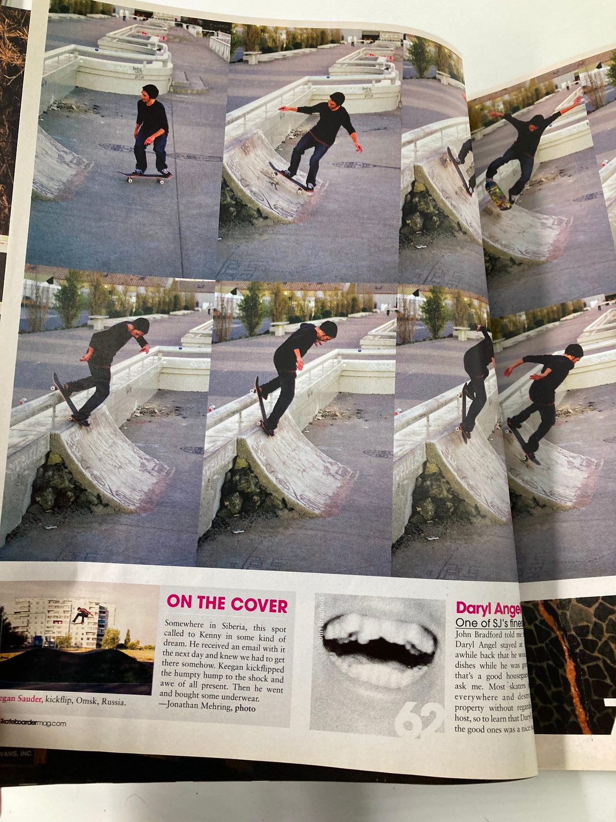 Inside page of Skateboarder Magazine April 2008 Vol 17 #8 showcasing a sequence of Keegan Sander executing a kickflip at a skate spot in Omsk, Russia.