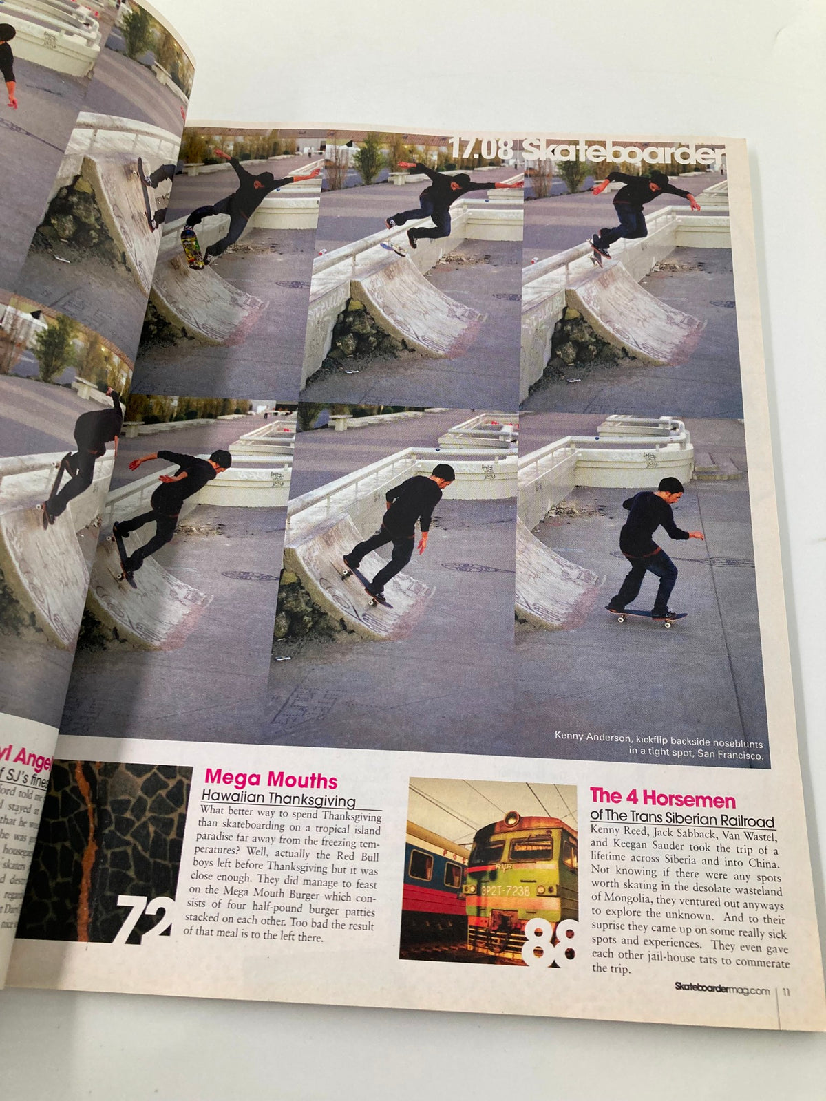 Another inside page of Skateboarder Magazine April 2008 Vol 17 #8 displaying action shots of Keegan Sander skating, highlighting the dynamic street skating culture.