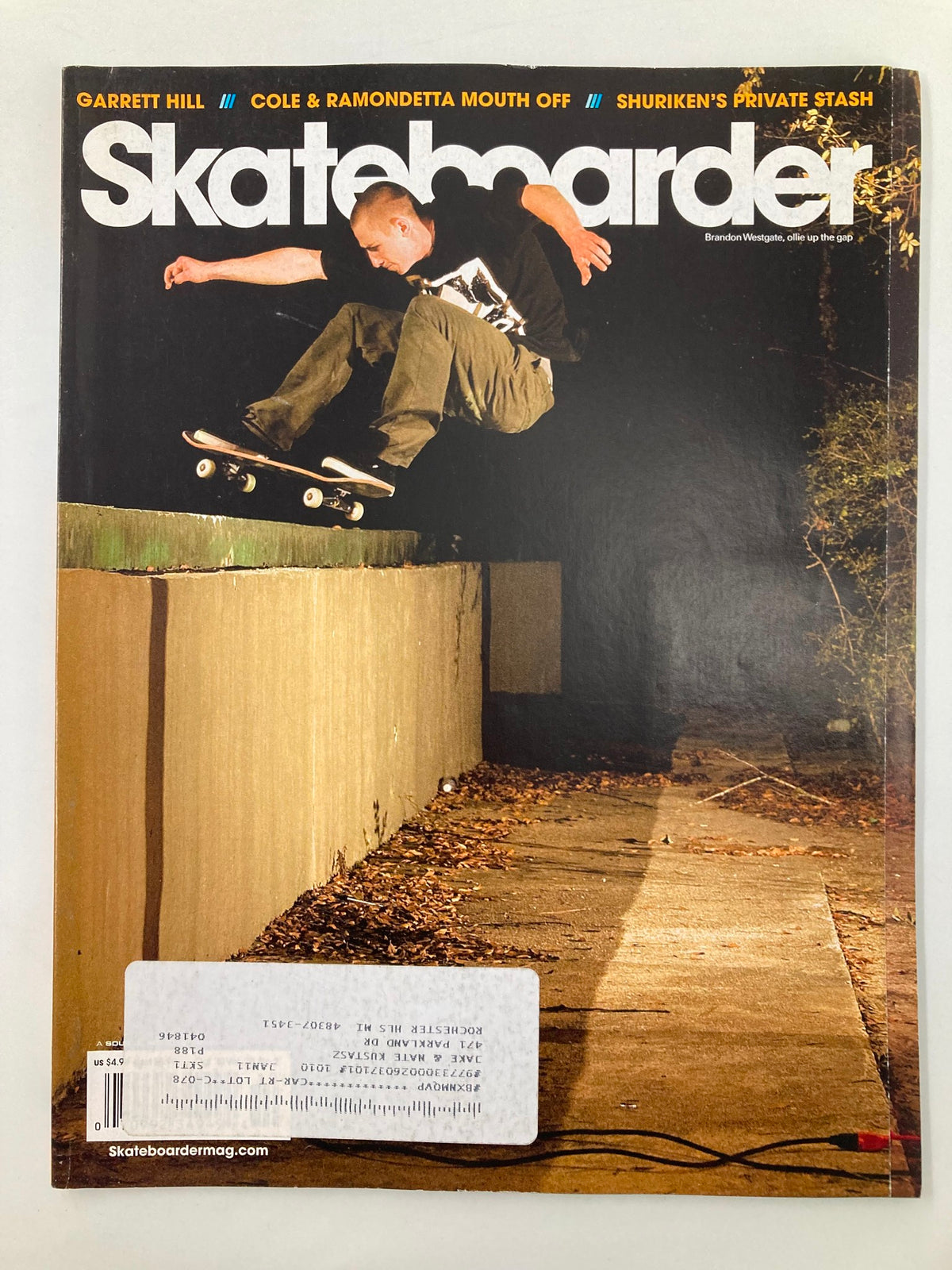 Skateboarder Magazine October 2010 cover featuring Brandon Westgate performing an ollie over a gap, showcasing skateboarding action and culture.