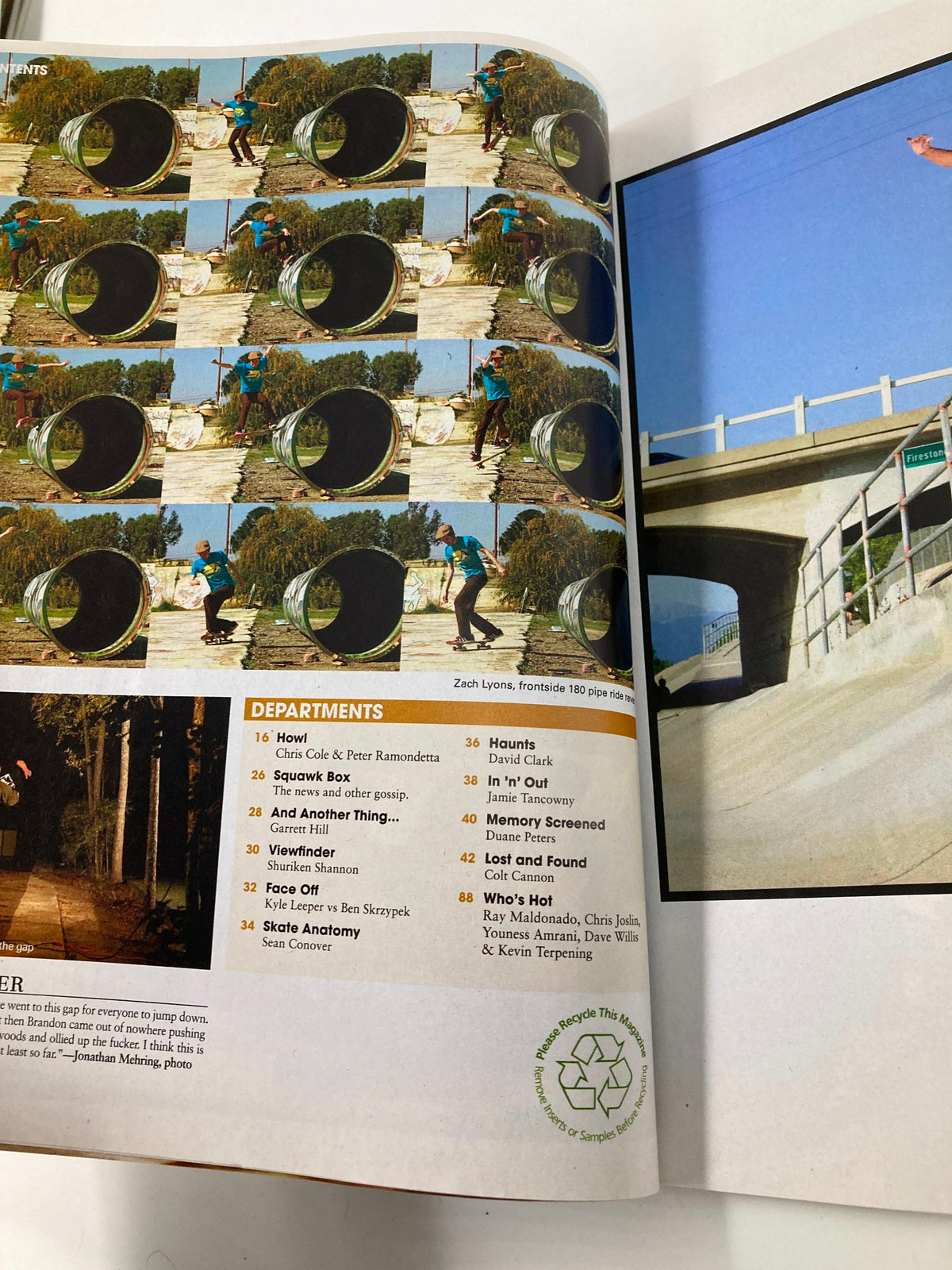 Inside page of Skateboarder Magazine October 2010, highlighting sections and images including a skateboarding trick by Zach Lyons, with a focus on skate culture.