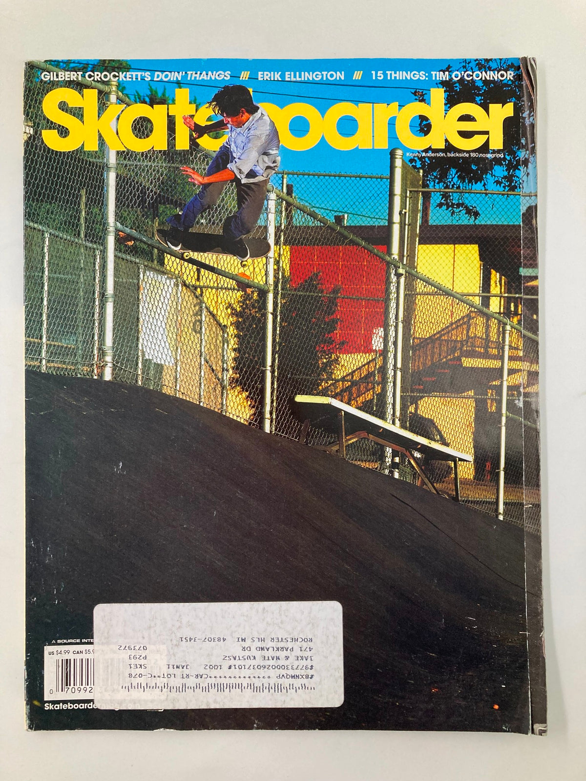 Skateboarder Magazine February 2010 featuring Kenny Anderson performing a Backside 180 No-Slide on the cover, showcasing vibrant skate culture and athleticism.